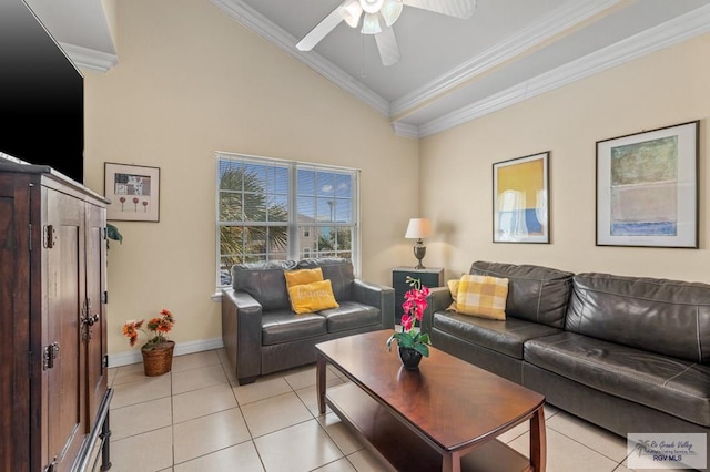 106 Atol St Unit 7, South Padre Island, TX 78597 - living room with a ceiling fan, baseboards, light tile patterned floors, crown molding, and high vaulted ceiling