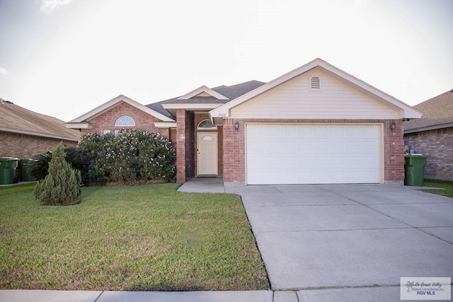 ranch-style house with a garage and a front lawn