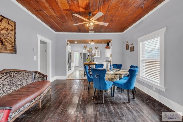 dining area with hardwood / wood-style floors, ceiling fan, and wooden ceiling