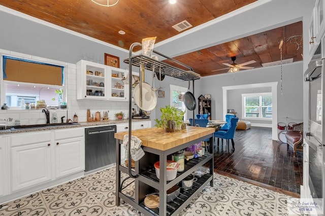 dining area with wooden ceiling, crown molding, sink, light hardwood / wood-style flooring, and ceiling fan