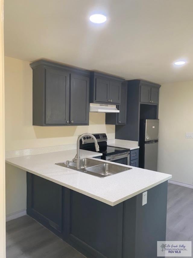 kitchen with kitchen peninsula, sink, stainless steel appliances, and dark hardwood / wood-style floors