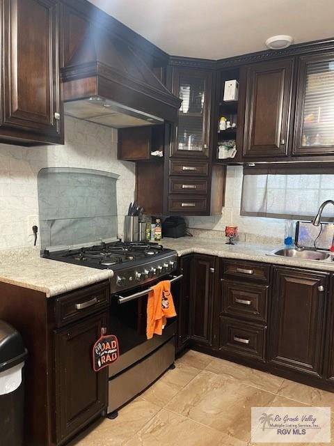 kitchen with sink, black gas stove, premium range hood, and tasteful backsplash