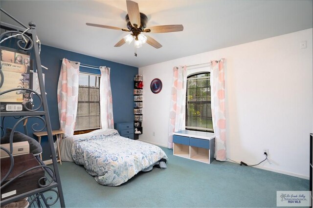 bedroom featuring carpet flooring and ceiling fan