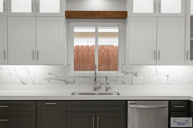 kitchen with stainless steel dishwasher, backsplash, white cabinetry, and sink