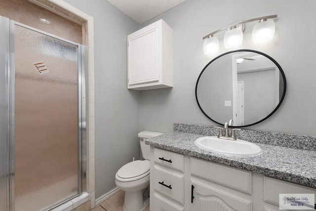 bathroom with tile patterned flooring, toilet, a shower stall, and vanity