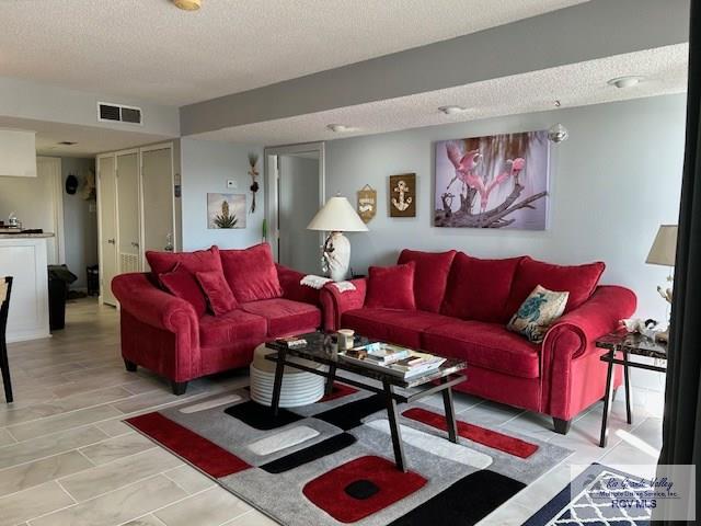 living room featuring a textured ceiling