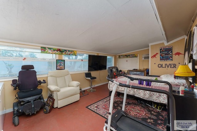 bedroom with vaulted ceiling, concrete flooring, and multiple windows