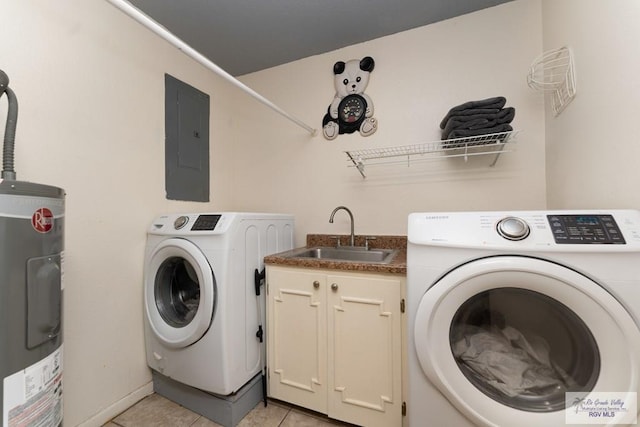 clothes washing area featuring independent washer and dryer, electric water heater, electric panel, and sink