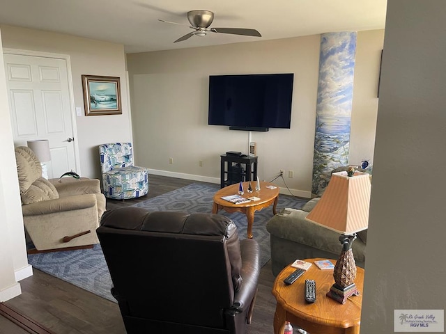 110 Padre Blvd Unit 202, South Padre Island, TX 78597 - living room with a ceiling fan and dark wood-style floors