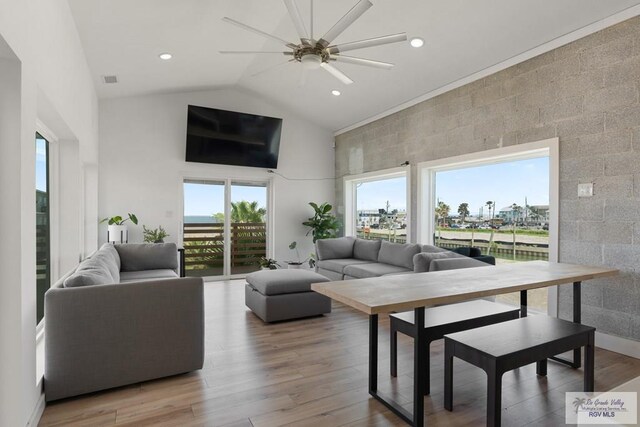 112 W Sunny Isle Dr, South Padre Island, TX 78597 - living room with high vaulted ceiling, a ceiling fan, wood finished floors, and recessed lighting