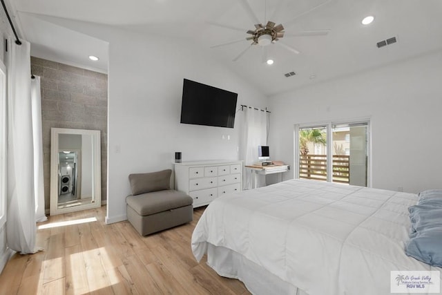 bedroom with access to exterior, light hardwood / wood-style flooring, ceiling fan, and lofted ceiling