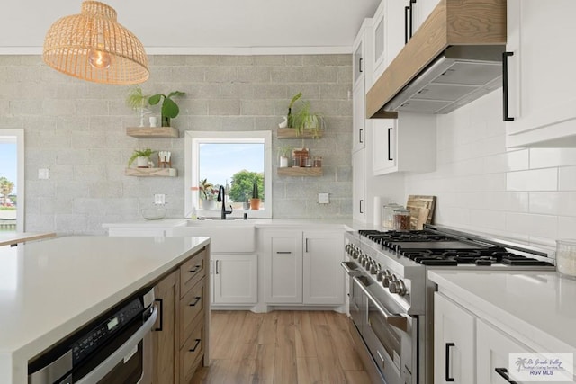 kitchen with white cabinetry, stainless steel range, exhaust hood, and decorative light fixtures