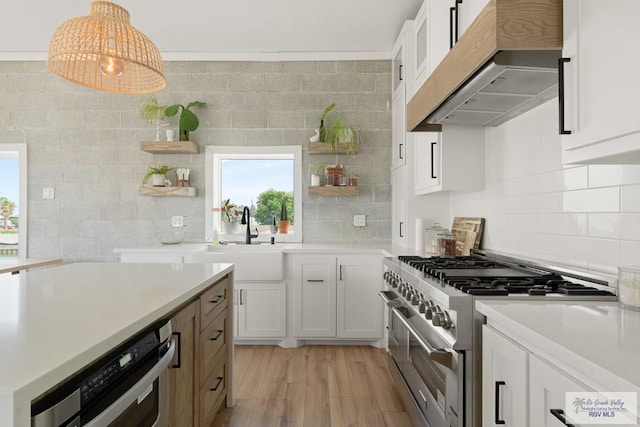 112 W Sunny Isle Dr, South Padre Island, TX 78597 - kitchen with double oven range, open shelves, under cabinet range hood, and backsplash