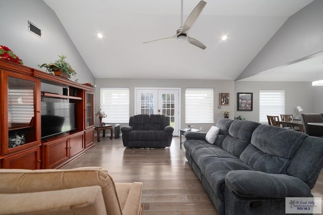 living area with french doors, recessed lighting, visible vents, a ceiling fan, and wood finished floors