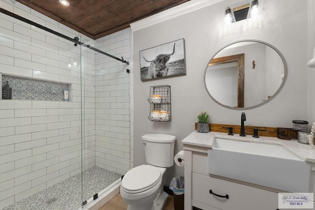 bathroom with vanity, wooden ceiling, crown molding, toilet, and walk in shower