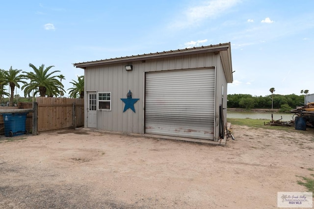 garage with a water view