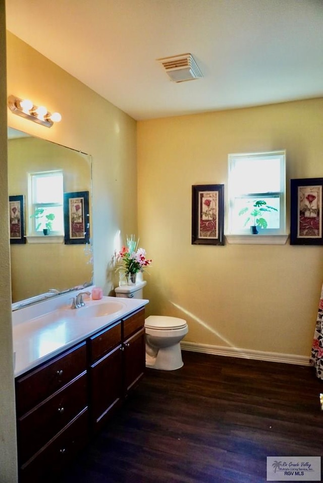 bathroom featuring hardwood / wood-style flooring, vanity, and toilet