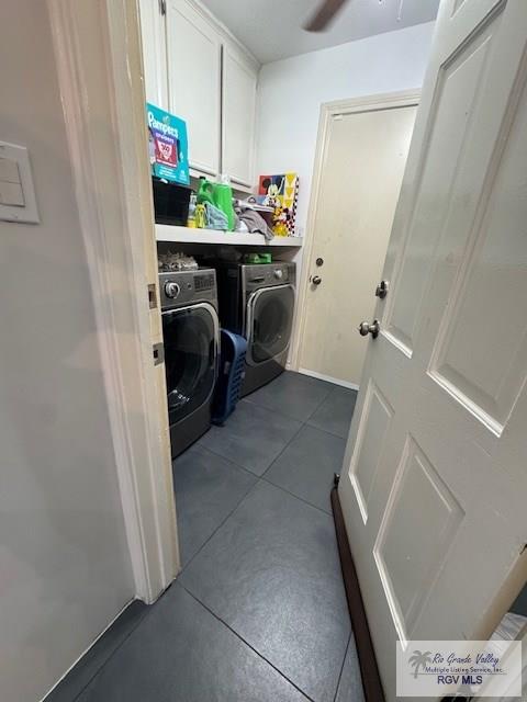 1875 Sancho Panza Cir, Brownsville, TX 78521 - clothes washing area with washer and clothes dryer, ceiling fan, and cabinet space