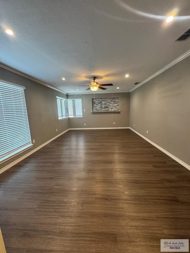 1875 Sancho Panza Cir, Brownsville, TX 78521 - spare room with ornamental molding, ceiling fan, recessed lighting, dark wood-style floors, and a textured ceiling