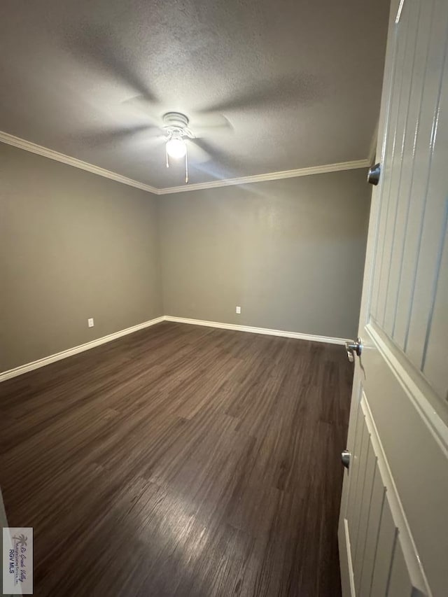 1875 Sancho Panza Cir, Brownsville, TX 78521 - unfurnished room featuring a ceiling fan, dark wood-type flooring, ornamental molding, and a textured ceiling