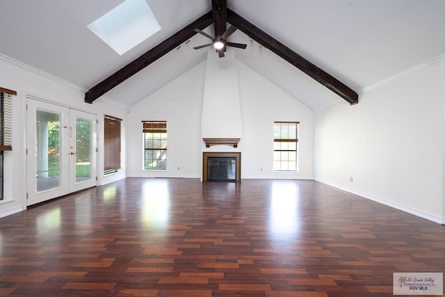 unfurnished living room featuring ceiling fan, high vaulted ceiling, and dark hardwood / wood-style floors