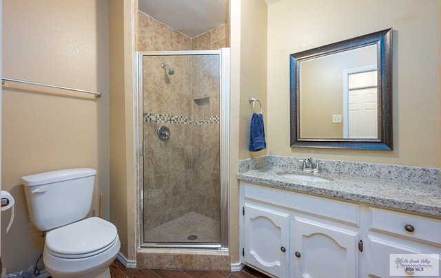 bathroom with vanity, an enclosed shower, and toilet