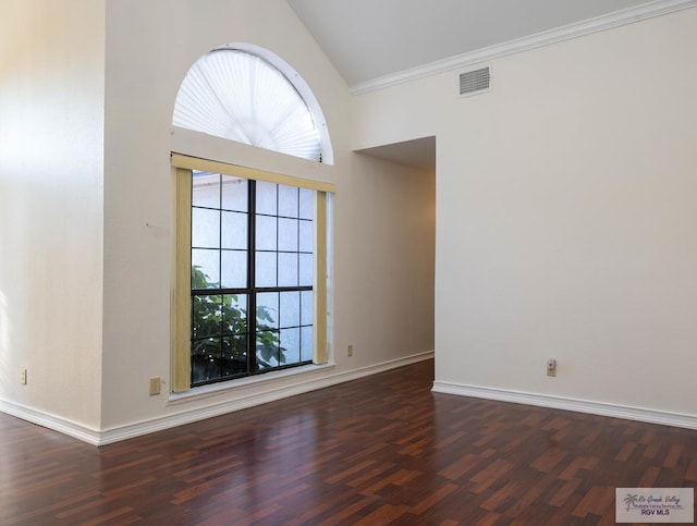 unfurnished room featuring a wealth of natural light, crown molding, high vaulted ceiling, and dark hardwood / wood-style floors