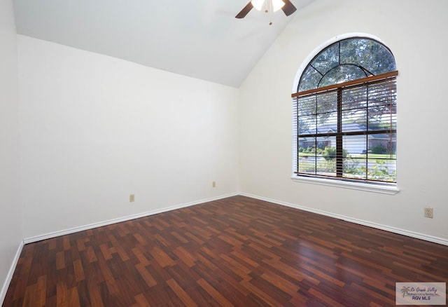 unfurnished room with high vaulted ceiling, ceiling fan, dark hardwood / wood-style flooring, and a wealth of natural light