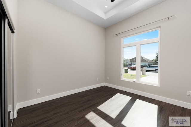 6121 Guadalupe River St, Brownsville, TX 78521 - unfurnished room with dark wood-type flooring, baseboards, a raised ceiling, ceiling fan, and recessed lighting
