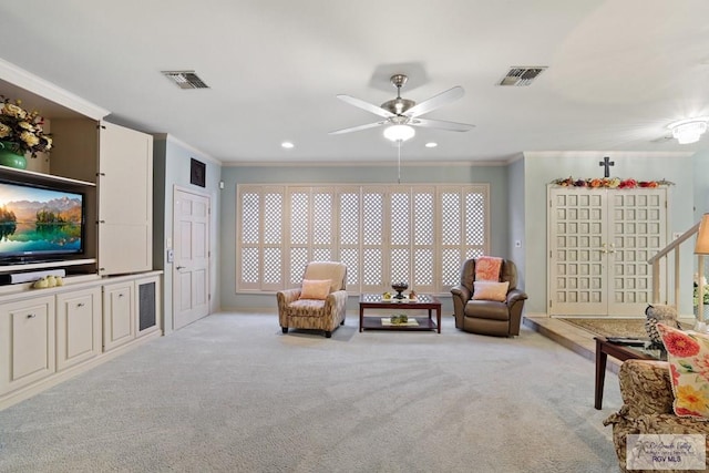 105 E Austin Ave, Harlingen, TX 78550 - sitting room featuring crown molding, carpet flooring, ceiling fan, recessed lighting, and baseboards