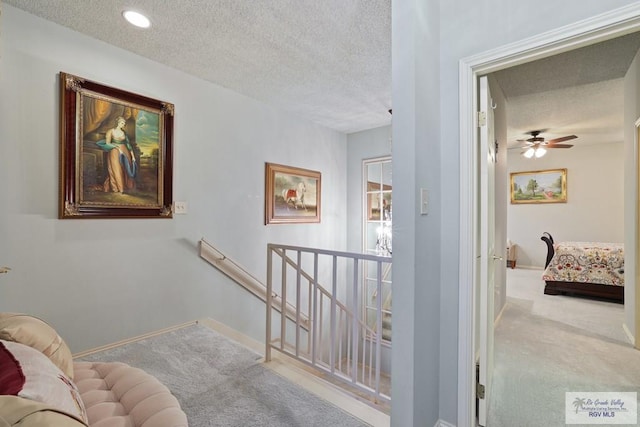105 E Austin Ave, Harlingen, TX 78550 - hallway with carpet, an upstairs landing, a textured ceiling, and baseboards