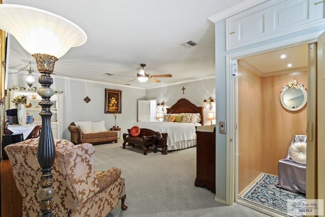 105 E Austin Ave, Harlingen, TX 78550 - carpeted bedroom featuring ornamental molding and a ceiling fan