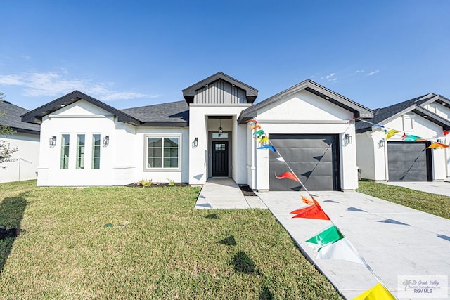 modern farmhouse style home with a garage and a front yard