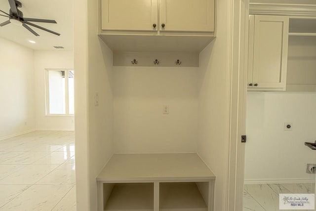 mudroom featuring ceiling fan