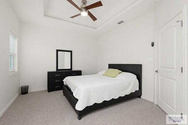 carpeted bedroom with a raised ceiling and ceiling fan