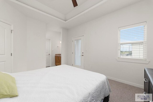 bedroom featuring ceiling fan, carpet floors, and ensuite bathroom