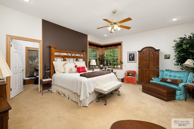 27603 Palo Verde Rd, San Benito, TX 78586 - bedroom featuring light carpet, recessed lighting, and a ceiling fan