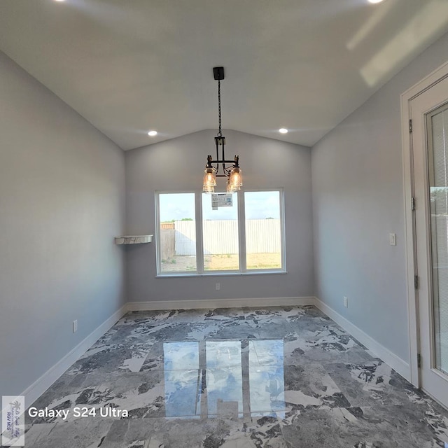 unfurnished dining area with baseboards, vaulted ceiling, recessed lighting, and marble finish floor