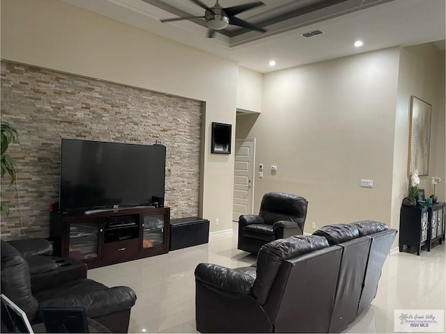 living room with recessed lighting, visible vents, and ceiling fan