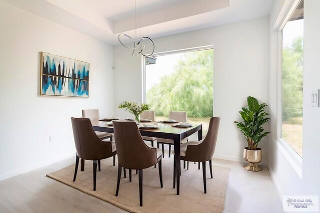 dining area featuring plenty of natural light, wood-type flooring, a tray ceiling, and a chandelier