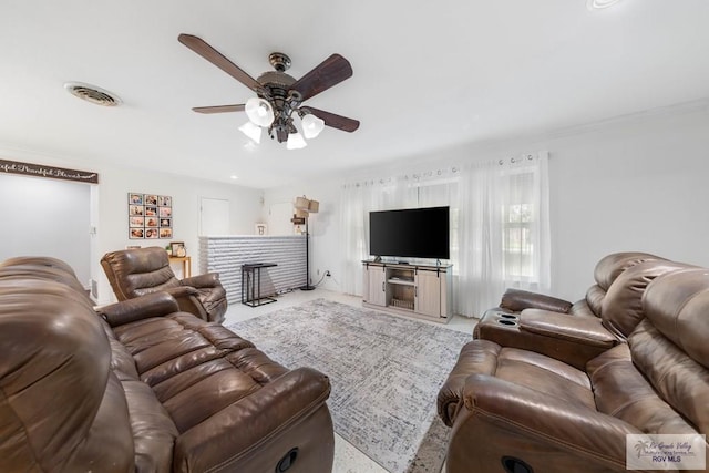 living room featuring ceiling fan