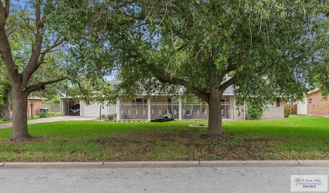 obstructed view of property with a front lawn