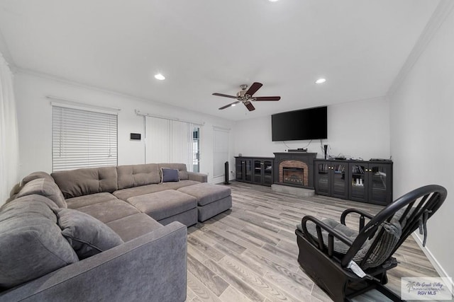 living room featuring ceiling fan, light wood-type flooring, and ornamental molding