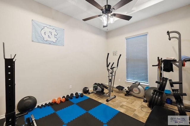 workout area featuring ceiling fan