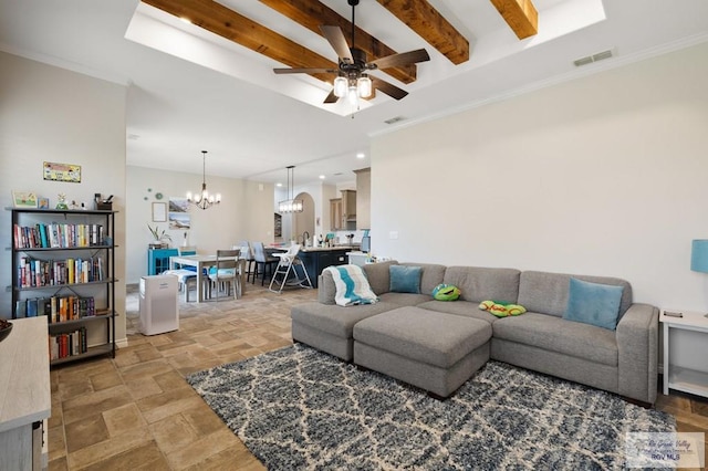 living room with ceiling fan with notable chandelier, beam ceiling, and crown molding