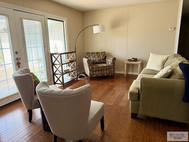 living area with dark hardwood / wood-style flooring and a healthy amount of sunlight