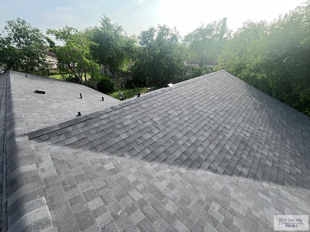 exterior details featuring roof with shingles