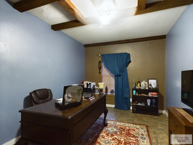 office featuring a textured ceiling and lofted ceiling with beams