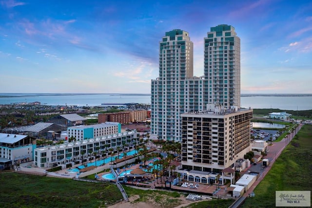 drone / aerial view featuring a water view