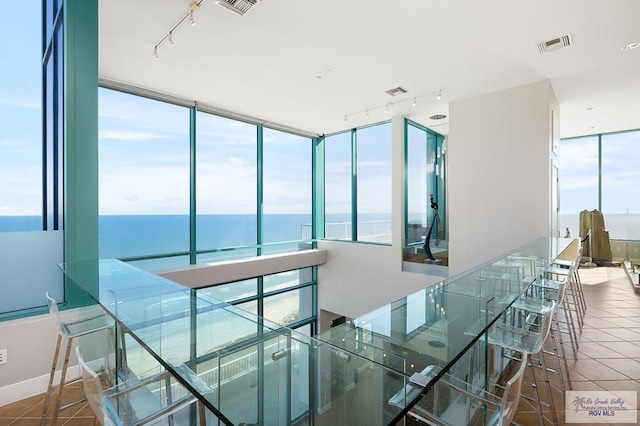 hall with tile patterned flooring, plenty of natural light, and a water view